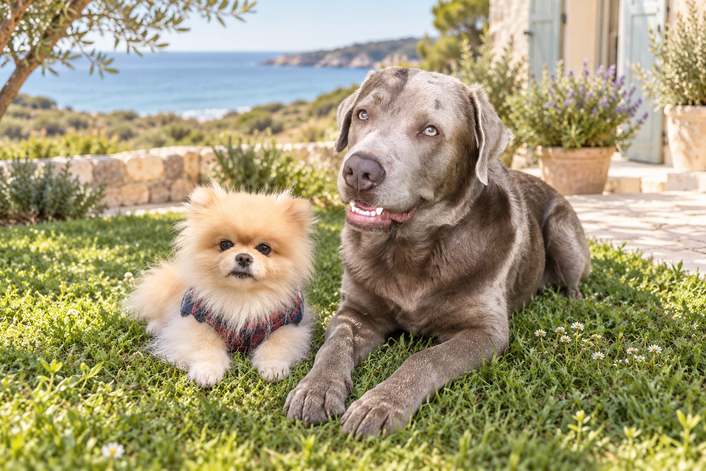 Celo und Wuschel gemeinsam im Garten eines Ferienhauses am Meer