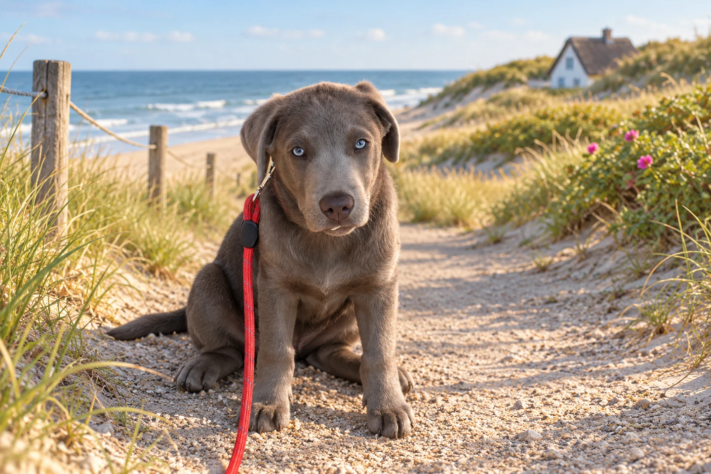 Celo beim Spaziergang am Meer