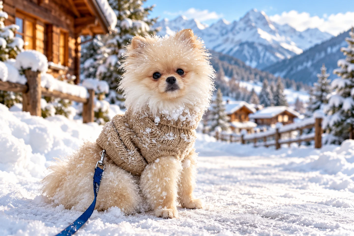 Wuschel im Schnee vor einem Chalet in den Bergen